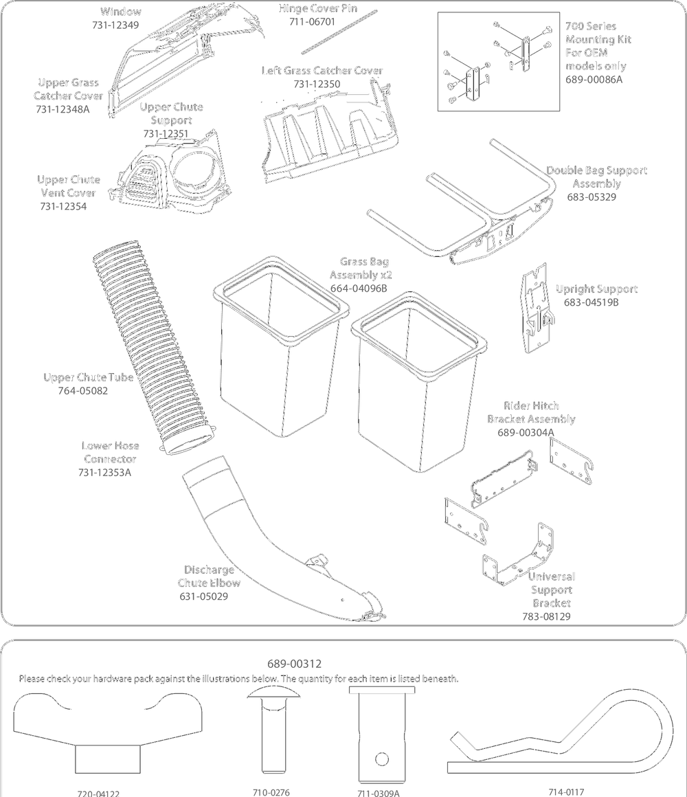Attachments / 19a30031oem 42and46 Inch Twin Bagger (2017) / General Assembly Diagram and Parts List for 13AN77SS000 2022 Yard Machines Lawn Tractor